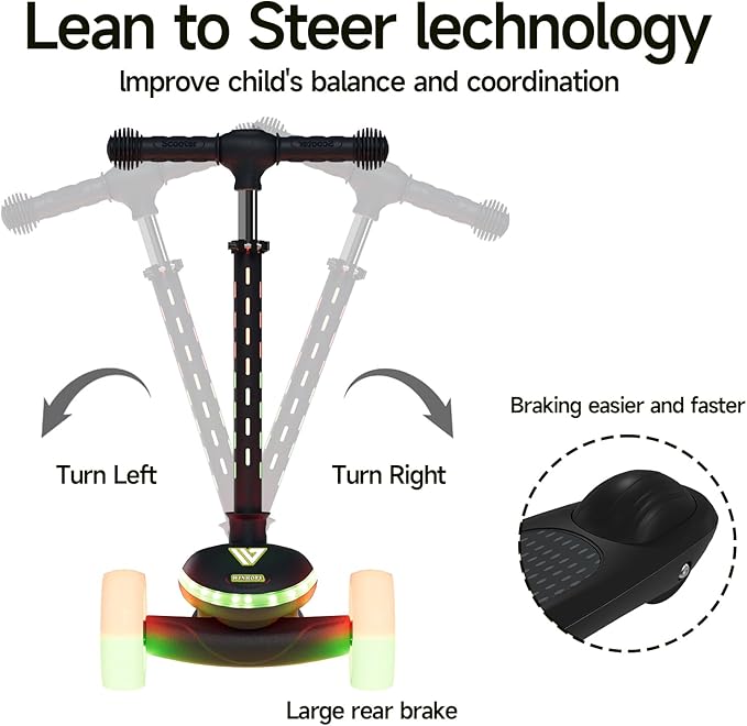 Winhope Kids Kick Scooter, 3 Wheel Scooter for Boy and Girl, LED Lighted Wheels and Widen Deck, Outdoor Ride-On Toys for Kids Aged 3-8