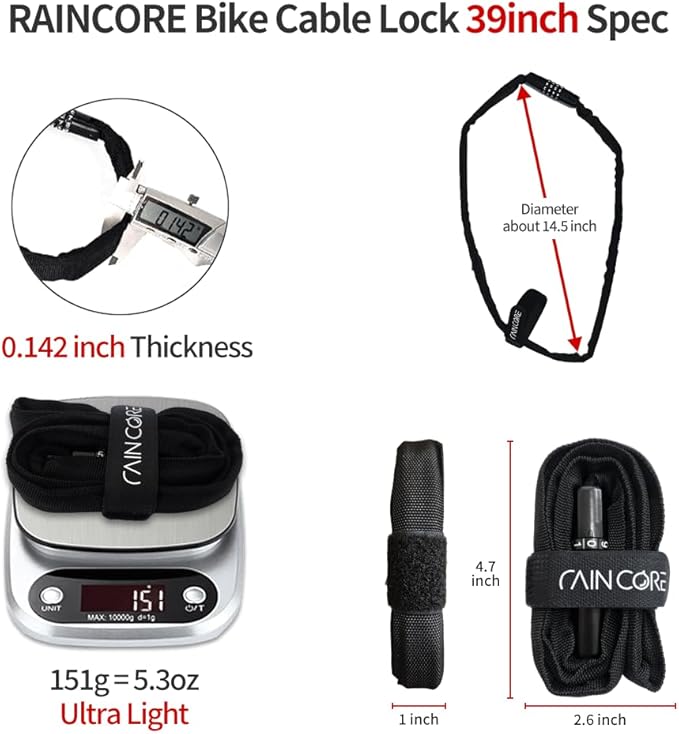 RAINCORE Light Weight Bike Cable Lock for Heavy Duti Anti Theft - 39inch (100cm) - 0.33lb (151g) - Bike Chain Lock with Chain Cutter Proof Fiber - Patented Korea - Security Cable (39 inches)