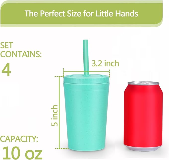 Homestockplus Reusable Wheat Straw Cups with Lid and Straws, 10 Oz Chip Resistant Drinking Cups, Small Water Cups with Silicone Straws - BPA Free Dishwasher Safe for Milk, Drinks, Smoothies