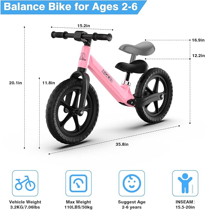 Ridego 12 Inch Balance Bike for Kids 2-4 Year Old,Lightweight Kids Bike with Adjustable Seat, Push Bicycle with Air Rubber Tires，Ride-on Toys Birthday Gift