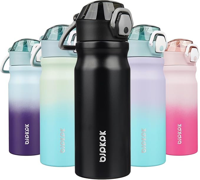 BJPKPK Water Bottle with Straw 18oz Insulated Water Bottles Reusable Stainless Steel Metal Thermal Flask with Leak Proof Lockable Lid and Carry Handle,Black