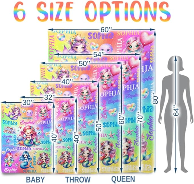 Custom Girl Blanket with Name Personalized Cute Mermaid Blanket for Newborn Customized Soft Flannel Throw Blanket Memorial Gift for Toddler on Birthday Baby Shower Christmas