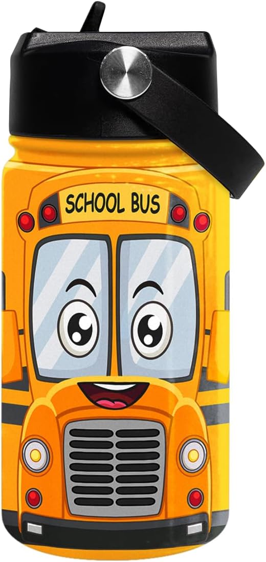 School Bus Water Bottle - Kids Water Bottle with Straw Lid - 12 Oz Insulated Stainless Steel Water Bottles for Kid Boys - Travel Cup for School Sports