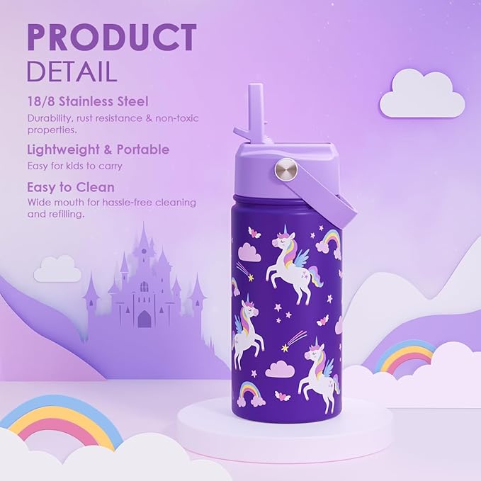 Unicorn Kids Water Bottle With Straw Lid 12oz Insulated Stainless Steel, Travel Tumbler, Unicorn Gifts For Girls, Birthday, Christmas, Back To School