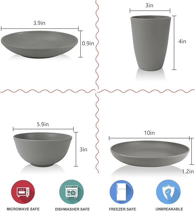 Wrova Wheat straw plates and bowls sets of 16 - Unbreakable wheat straw dinnerware sets for party - Alternative plastic dinnerware set for camping,party and R.V. Grey