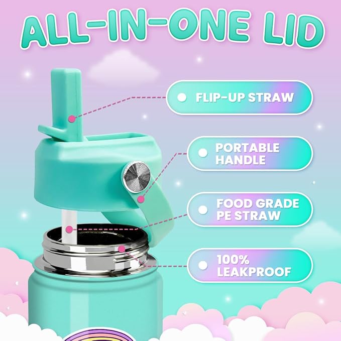 Unicorn Water Bottle - Kids Water Bottle with Straw Lid - 12 Oz Insulated Stainless Steel Ocean Water Bottles for Kid Girl- Travel Cup for School Sports