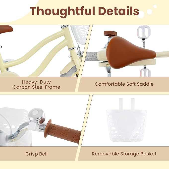 COSTWAY Kids Bike, 12 14 16 18 Inch Toddler Bike Children Bicycle w/Training Wheels, Hand & Coaster Brakes, Adjustable Saddle & Handlebar, Basket, Bell, Kids Bicycle for Girls Boys Aged 3-8 Years Old