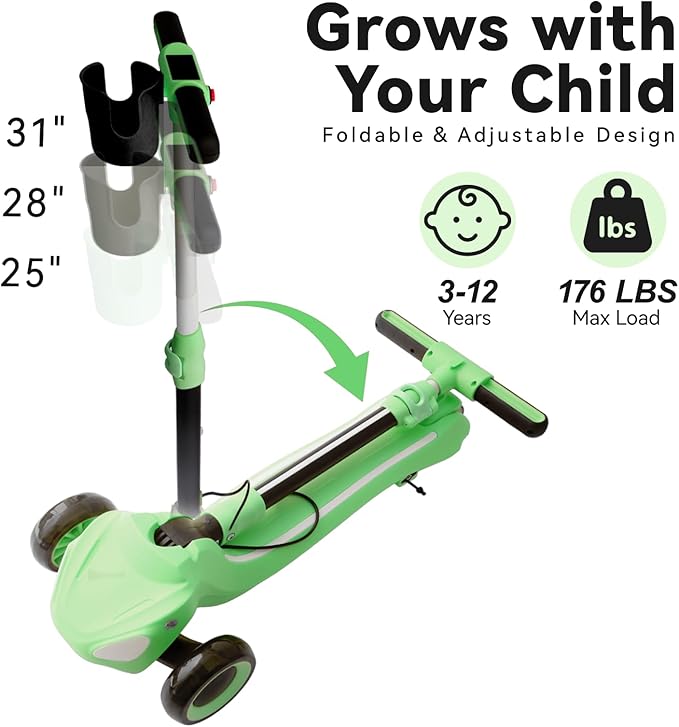 3 Wheel Electric Scooter for Kids Ages 3-10, w/Storage Basket, LCD Screen, Full Body Lights Up, Wide Deck, 5Mph Safe Speed, 90min Riding, Balance Foldable Kick Scooter for Boys & Girls
