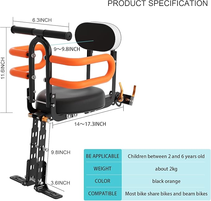 Child Bike Seat - Front Mount, Kids Bike Seat for Adult Bike,Retractable Baby Bike Seat Front Mounted, Toddler Bike Seat for Children 2~6 Years