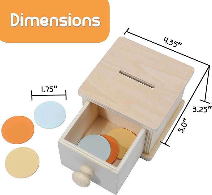 Montessori Coin Box, Montessori Toys for 1 Year Old Toddler Coins, Baby Wooden Toy Ball Infant Drawer Drop, 1+ Baby Essentials Object Permanence Learning