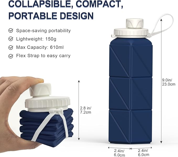 Collapsible Water Bottles 20.6oz, Silicone Foldable Portable Travel Water Bottle, Lightweight Reusable Leakproof for Traveling Camping Hiking Cycling Yoga Sports Outdoor, 1 Pack (Dark Blue)