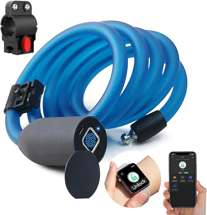 Fingerprint Cable Lock, Anweller 4.9FT Long Heavy Duty Anti Theft Bike Lock, Weatherproof Keyless Electronic Digital Biometric Bluetooth Smart Lock for Bicycle Scooter Lawnmower Skateboard - Blue