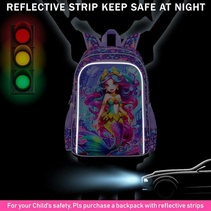 CCJPX 3PCS Kids Backpack for Girls, 16”Mermaid Sequin Preschool Bookbag Set, Cute Water Resistant School Bag for Elementary Kindergarten Toddler