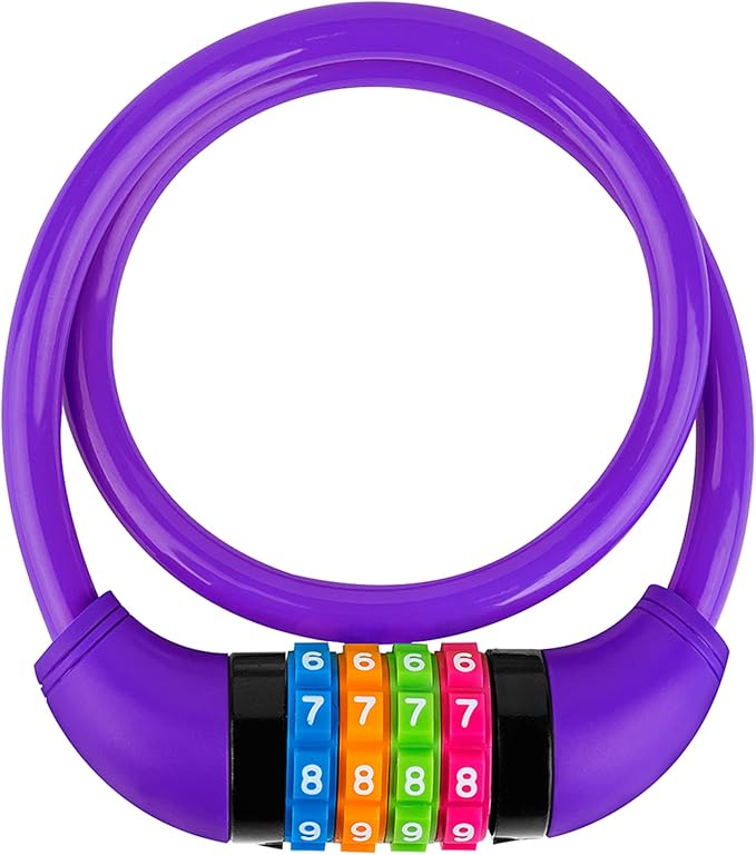 Bike Lock Cable, Bicycle Cable Lock with 4 Digit Combination & Large Lock Head, Resettable Kids Bike Cable Lock, 2 Ft x ∅1/2 IN, Lock for Bike, Scooter, Skateboard, motorcycle, E Bike (Purple)