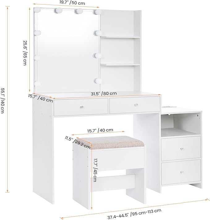 ANWBROAD Makeup Vanity Desk with Mirror & 10 LED Lights Big Vanity Set with Charging Station, Nightstand, Drawers, Storage Shelves, Stool, Bedroom Dressing Table for Women Girls White UBDT13W