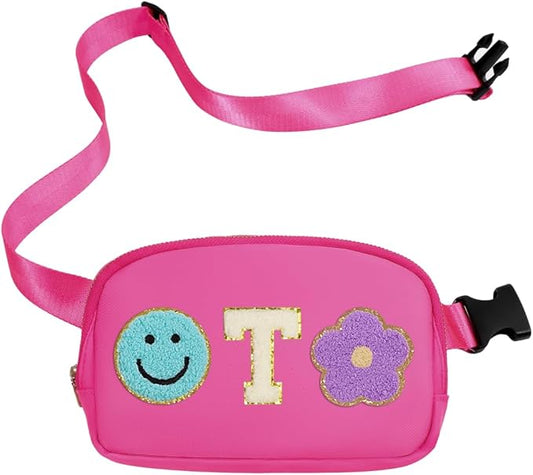 Fanny Pack for Girls Pink Kid Crossbody Bag Chenille T Letter Preppy Belt Bag, Christmas Birthday Easter Gifts for Teen Daughter Sister, Personalized Nylon Purse for 4 5 6 7 8 9 10 Year Old Girls
