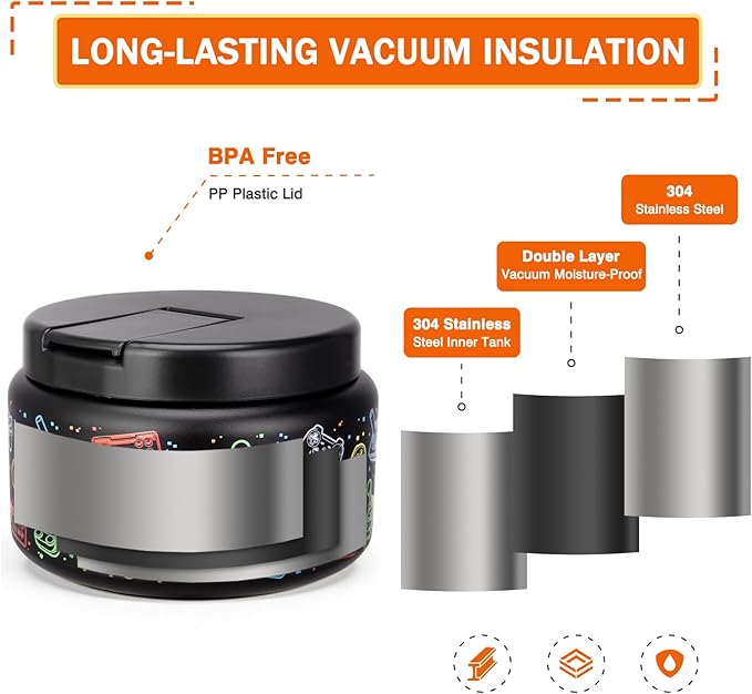 13.5oz Kids Soup Jar for Hot Food Vacuum Insulated Food Jar with Buckle Lid, Stainless Steel Wide Mouth Leak Proof Lunch Container for School Picnic Travel (Game Black)