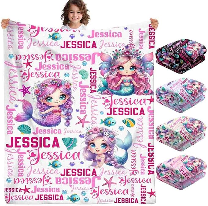 Custom Girl Blanket with Name Personalized Cute Mermaid Blanket for Newborn Customized Soft Flannel Throw Blanket Memorial Gift for Toddler on Birthday Baby Shower Christmas