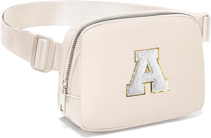 Gitus Birthday Gifts for 8 9 10 11 12 13 Year Old Girls Personalized Fanny Pack Crossbody Bags with Initial Letter Patch Belt Bag for Teen Girls Cute Trendy Stuff Travel Essentials (Ivory-A)