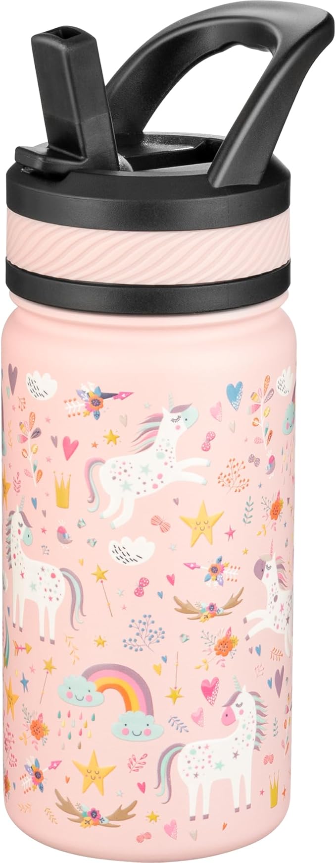 Fanhaw 14 Oz Kids Insulated Water Bottle with Straw - Stainless Steel Double Wall Vacuum Cup, Leakproof, BPA Free, Suitable for Boys and Girls(Pink - Unicorn Fields)