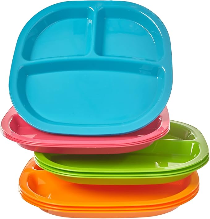 US Acrylic Harmony 3-compartment Divided Plastic Kids Tray in 4 Calypso Colors | set of 12 Reusable, BPA-free Plates, Made in the USA, Microwave & Dishwasher Safe Dinnerware