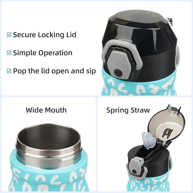Insulated Water Bottle with Straw and Carry Loop,18 oz Stainless Steel Double Wall Vaccum Metal Water Flask with Leak-proof Lid,Blue Leopard