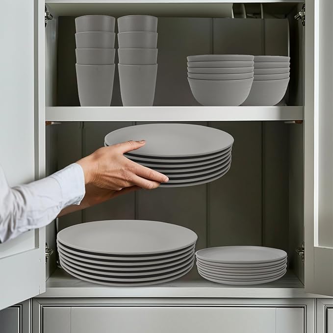 Wrova 40Pack plates and bowls sets for kitchen - Unbreakable wheat straw dinnerware sets service for 8 - Alternative plastic 40pcs dish sets for picnic,camping and R.V. - (Grey)