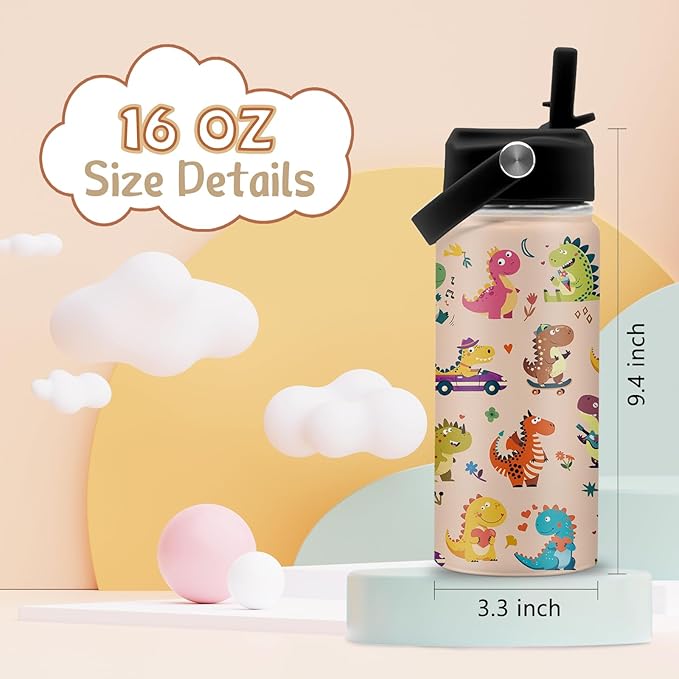 Dinosaurs Gifts for Kids Boys, 16 oz Water Bottle with Straw Lid, Stainless Steel Insulated Tumbler, Cute Water Bottles, Funny Dinosaurs Cups Gifts for Birthday Christmas