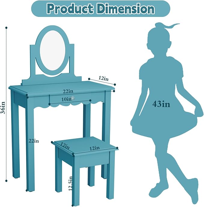 HLR Kids Vanity,Little Girls Vanity Set with Mirror and Stool,Wooden 2 in 1 Princess Makeup Desk Dressing Table with Detachable Top, Toddler Vanity Dresser Set with Drawer for Little Girls,Blue