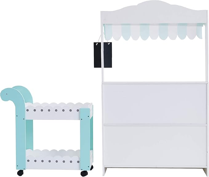 Teamson Kids My Dream Bakery Shop Dessert Stand and Rolling Pastry Cart Interactive Wooden Play Set with 18 Pretend Baked Goods, White and Mint Green with Gray Polka Dot Accents