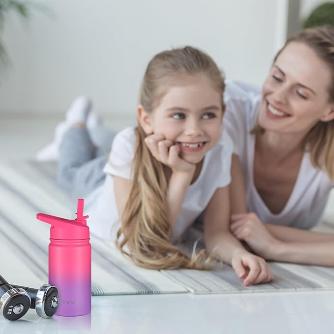 Mininoo Insulated Kids Water Bottle, 12 oz Stainless Steel Water Bottle Kids with Straw Lid and Chug Lid for Girls, Boys (Punch/Purple)