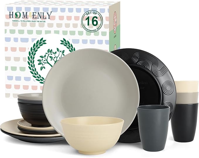 Homienly Wheat Straw Dinnerware Set - Dinner Plates, Cereal Bowls, Drinking Cups Set, Unbreakable 16 PCS Dish Set, Microwave and Dishwasher Safe Dishes for Home, Outdoor - Grey Stone