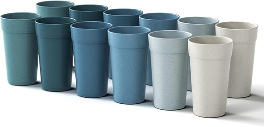 20 Oz Wheat Straw Cups, Set of 12 Unbreakable Plastic Drinking Cups, Dishwasher and Microwave Safe, BPA-Free and Eco-Friendly Reusable Cups for Kitchen, Home, and Outdoor Use