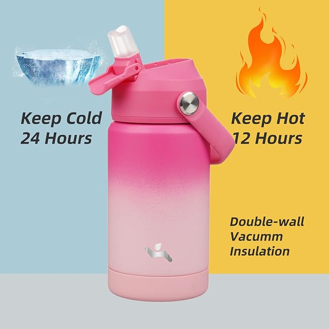 Insulated Water Bottle with Straw Lid,12 oz Stainless Steel Vacuum Metal Bottle with Silicone Handle,Cherry Blossom