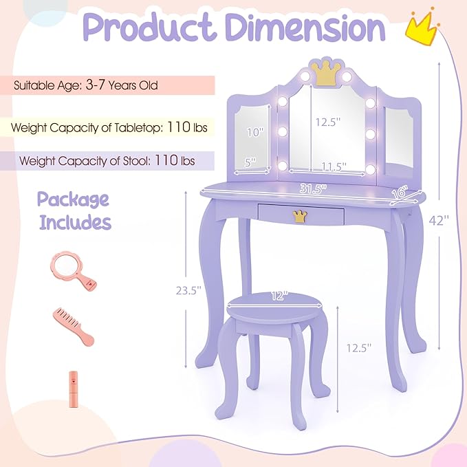 Costzon Kids Vanity with Lights, Girls Vanity Set with Mirror and Stool, Drawer, 2 in 1 Princess Makeup Desk Dressing Table, Kids Vanity Table and Chair Set, Violet