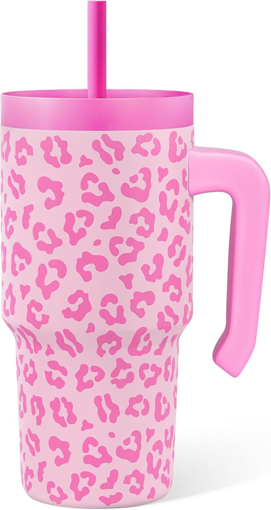 Leopard Print Kid 20oz Tumbler with Handle and Silicone Straw Lid, Insulated Stainless Steel Cup, Gift for Kids Girls, Gifts Idea for Birthday Christmas Back to School