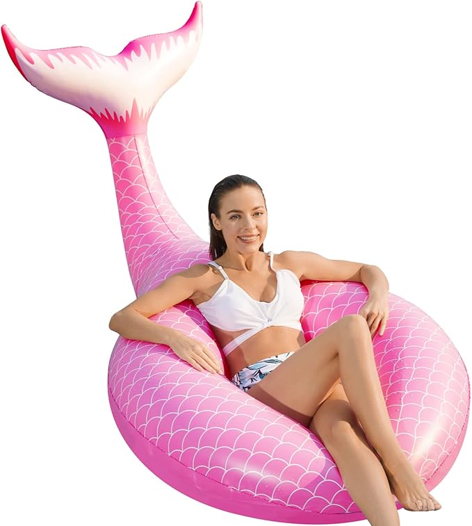 Jasonwell Giant Inflatable Mermaid Tail Pool Float with Fast Valves Pool Floaties Tube Summer Beach Swimming Pool Party Lounge Raft Water Floaty Decorations Toys for Adults Kids Pink L