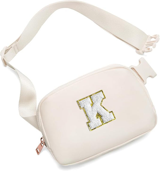 Gitus Birthday Gifts for 8 9 10 11 12 13 Year Old Girls Personalized Fanny Pack Crossbody Bags with Initial Letter Patch Belt Bag for Teen Girls Cute Trendy Stuff Travel Essentials (Ivory-K)