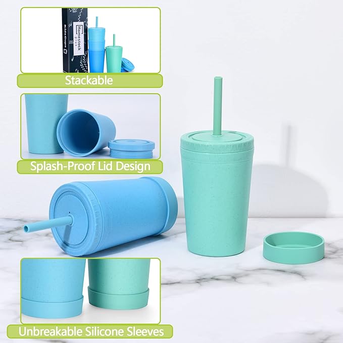 Homestockplus Reusable Wheat Straw Cups with Lids and Silicone Straws, 10 Oz Chip Resistant E-Co Friendly Small Water Cups for Milk, Drinks, Smoothies - 4 Colors