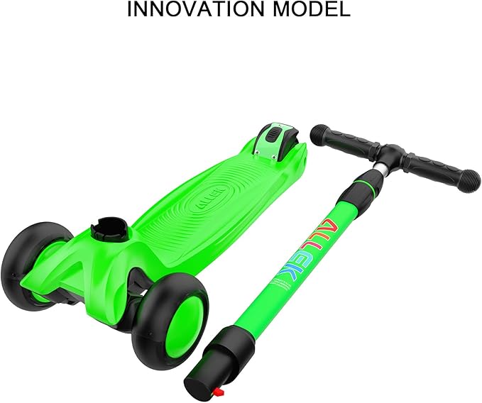 Allek Kick Scooter B03, Lean 'N Glide 3-Wheeled Push Scooter with Extra Wide PU Light-Up Wheels, Any Height Adjustable Handlebar and Strong Thick Deck for Children from 3-12yrs (Lime Green)