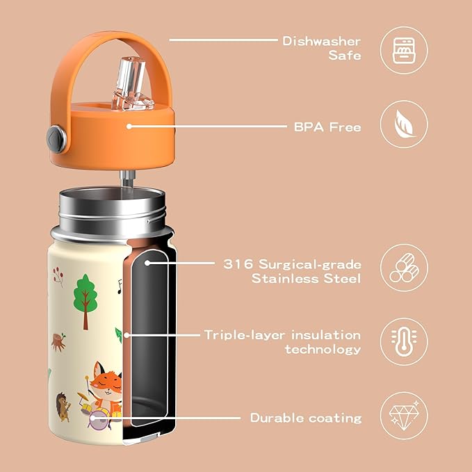 OISIZ Kids Water Bottle with Straw Lid 10oz, Vacuum Insulated 316 Stainless Steel Water Bottles for Kids for School, Leakproof Water Bottle, BPA Free and Keep Cold for 24 Hours