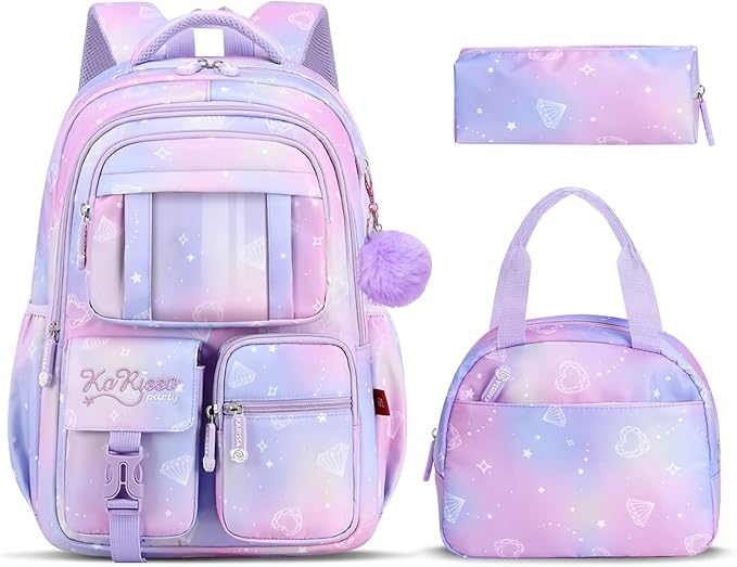 Tanou Backpack with Lunch Box for Girls, Kawaii Set School Bag for Kid Elementary Middle School, Aesthetic Laptop Bookbag Lightweight, Purple