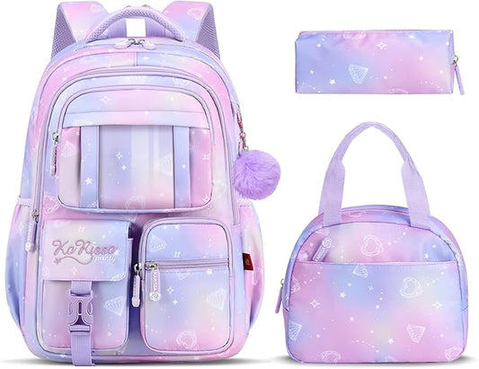 Tanou Backpack with Lunch Box for Girls, Kawaii Set School Bag for Kid Elementary Middle School, Aesthetic Laptop Bookbag Lightweight, Purple