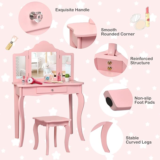 HONEY JOY Kids Vanity Set with Mirror, 2-in-1 Wooden Toddler Vanity Table with Stool, Tri-Folding Mirror & Drawer, Removable Top, Princess Pretend Play Beauty Makeup Vanity for Little Girls (Pink)