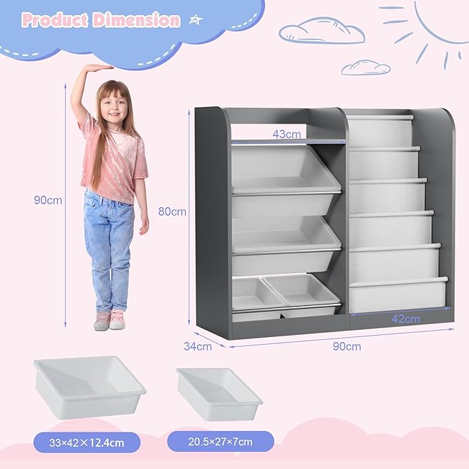 Grey Kids Wood Bookshelf Toy Storage Box Organizer Shelf W/4 Removable Plastic Toy Bins Children Bookcase Toddler Baby Sling Book Rack Cabinet Chest Girl Boy Gift Playroom Classroom Bedroom Nursery