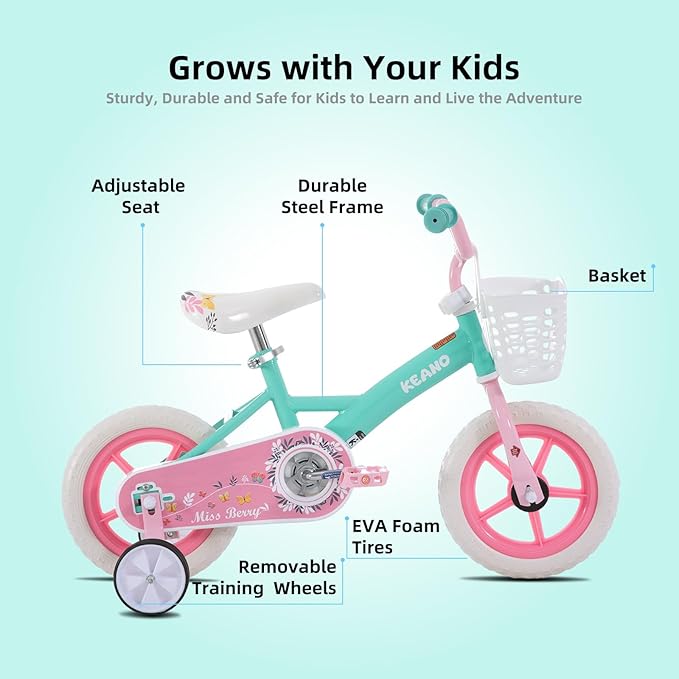 KEANO Voyager 10 12 Inch Kids Bike for Boys and Girls Ages 1-4 Years, Toddler Bike with Training Wheels & Basket, Detachable Parent Push Handle, Children Bicycle
