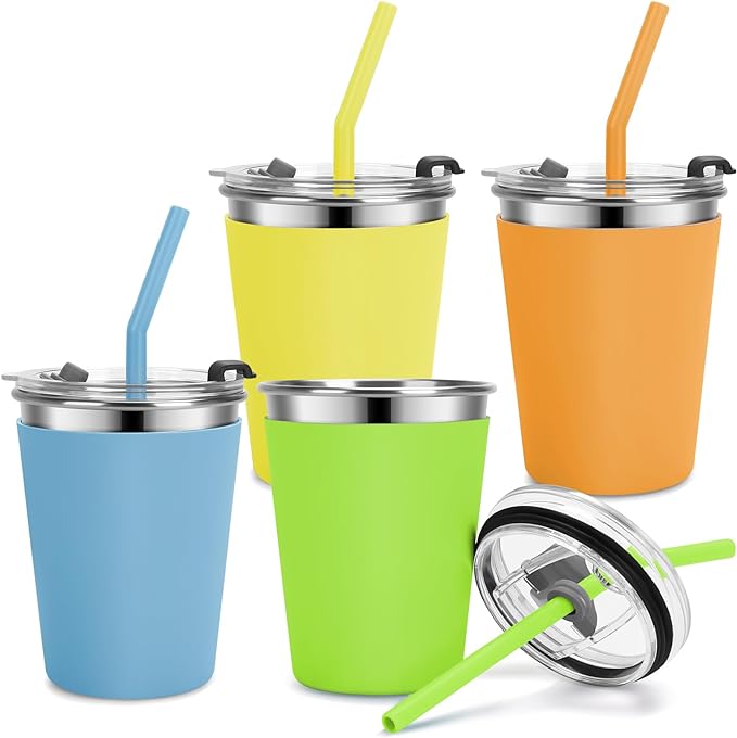 Kids Cups with Straws and Lids Leak Proof, 12oz Sippy Cups for Toddlers 1-3, 4 Pack Spill Proof Cup Stainless Steel Kids Cups with Lids for School, Outdoor