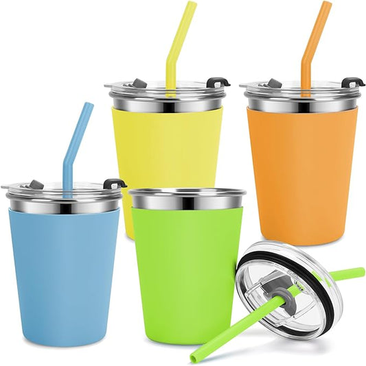 Kids Cups with Straws and Lids Leak Proof, 12oz Sippy Cups for Toddlers 1-3, 4 Pack Spill Proof Cup Stainless Steel Kids Cups with Lids for School, Outdoor