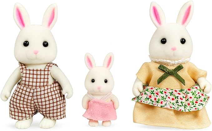Family White Rabbit Figures — Set of 3 Collectible Flocked Mini Dolls with Removable Clothes, Miniature Dollhouse Pretend Play Figures for Kids Ages 3+