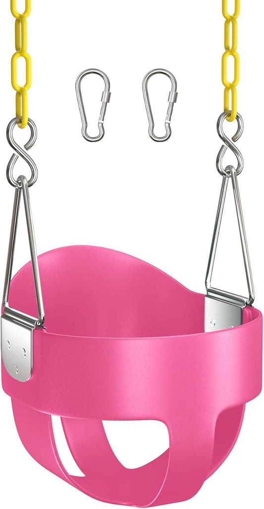 AGPTEK High Back Full Bucket Toddler Swing Seat with Yellow Coated Swing Chains and Carabiners Baby Swing Outdoor for Easy Install (Pink)